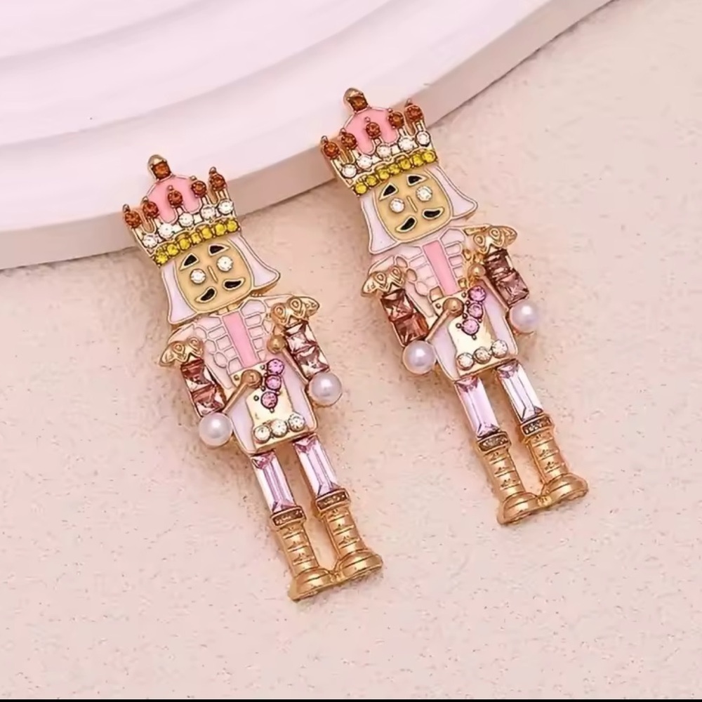 Pink Nutcracker Earrings – Holiday Statement Jewelry with Crystals & Pearls - Picture 2 of 8